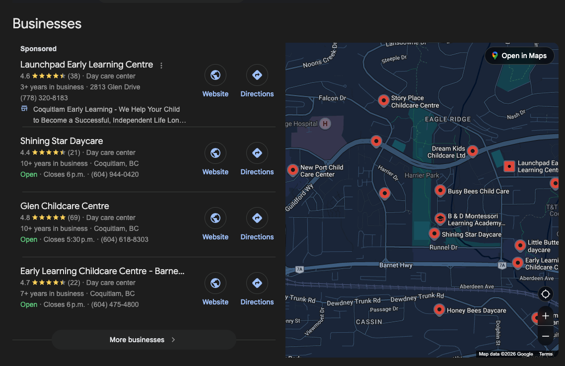 Google Maps showing local daycare listings with ratings, reviews, and contact information